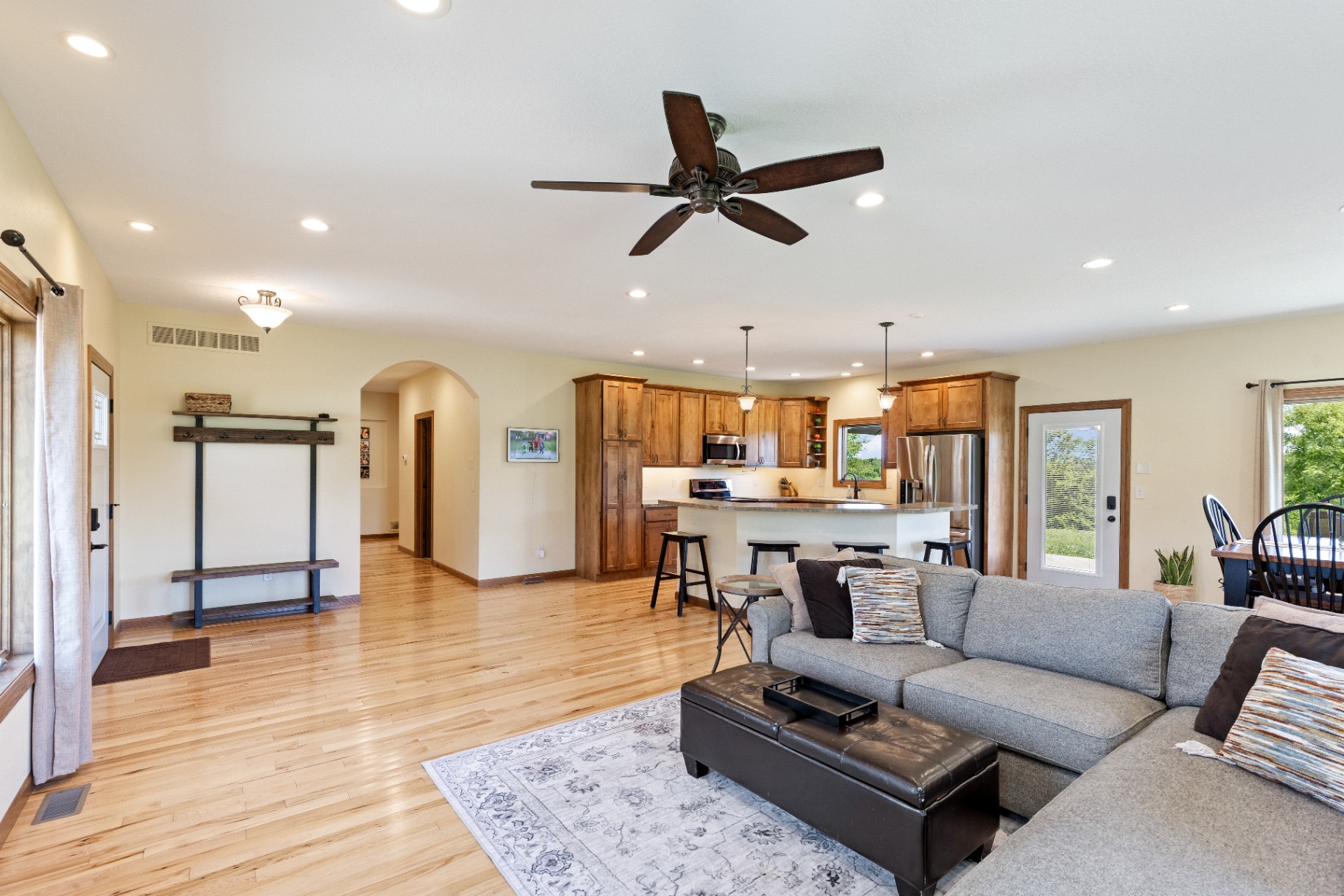 Open layout looking from living room to kitchen