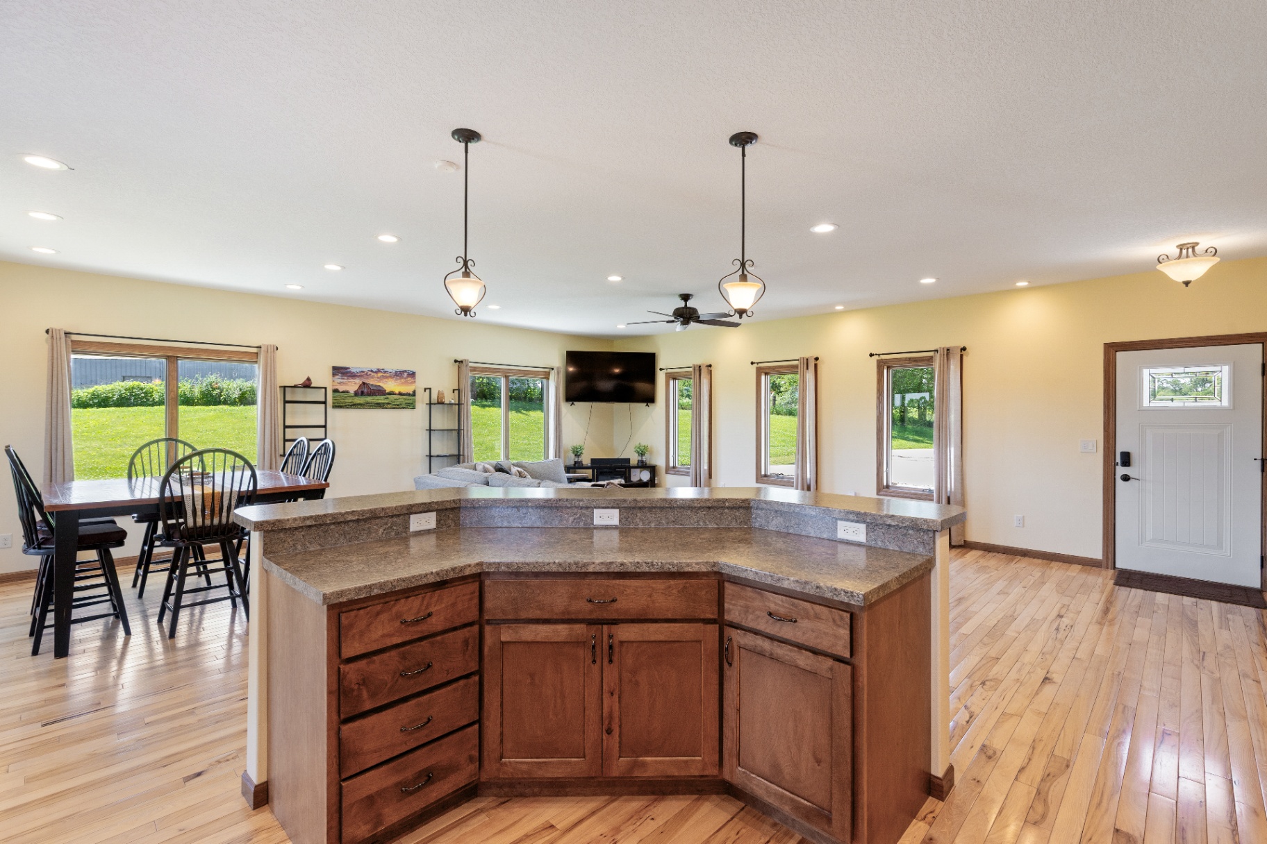 Large center island overlooking the living and dining rooms