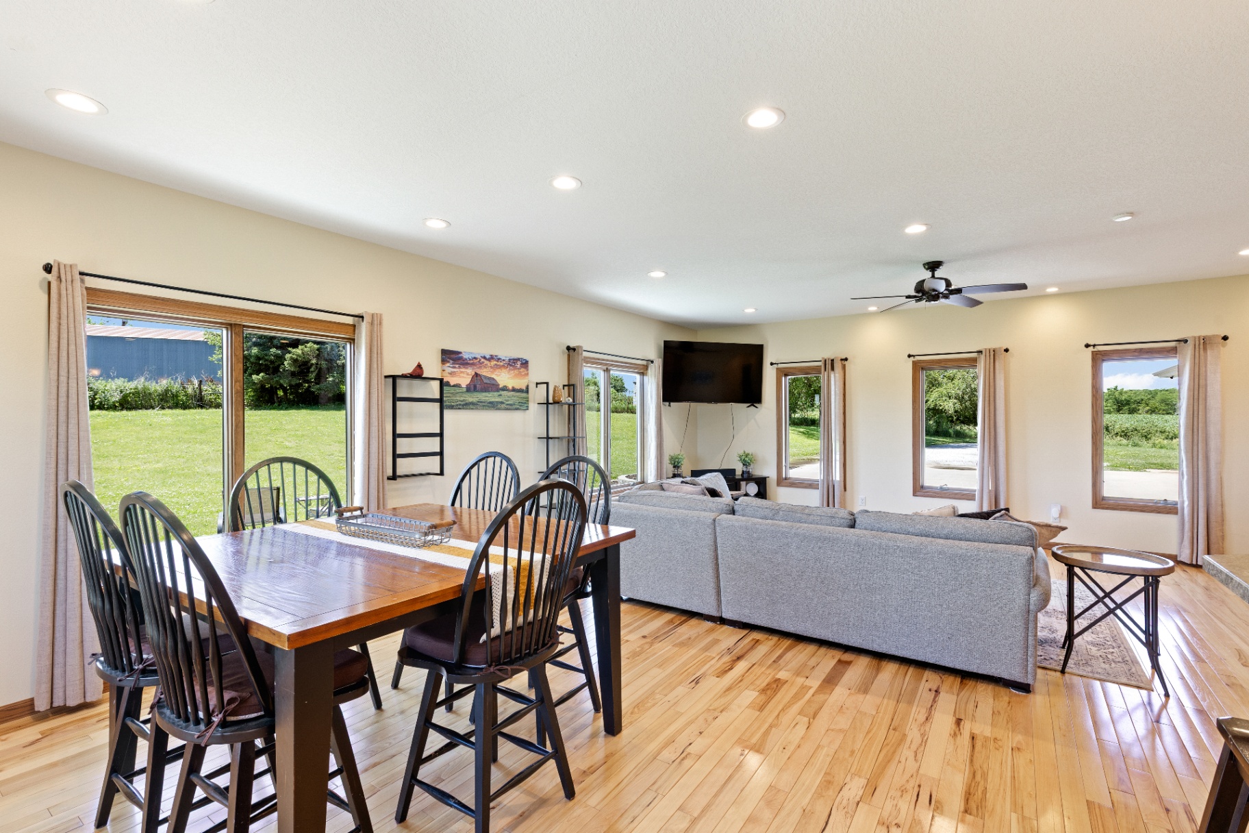 Dining room with sliding door and living room beyond