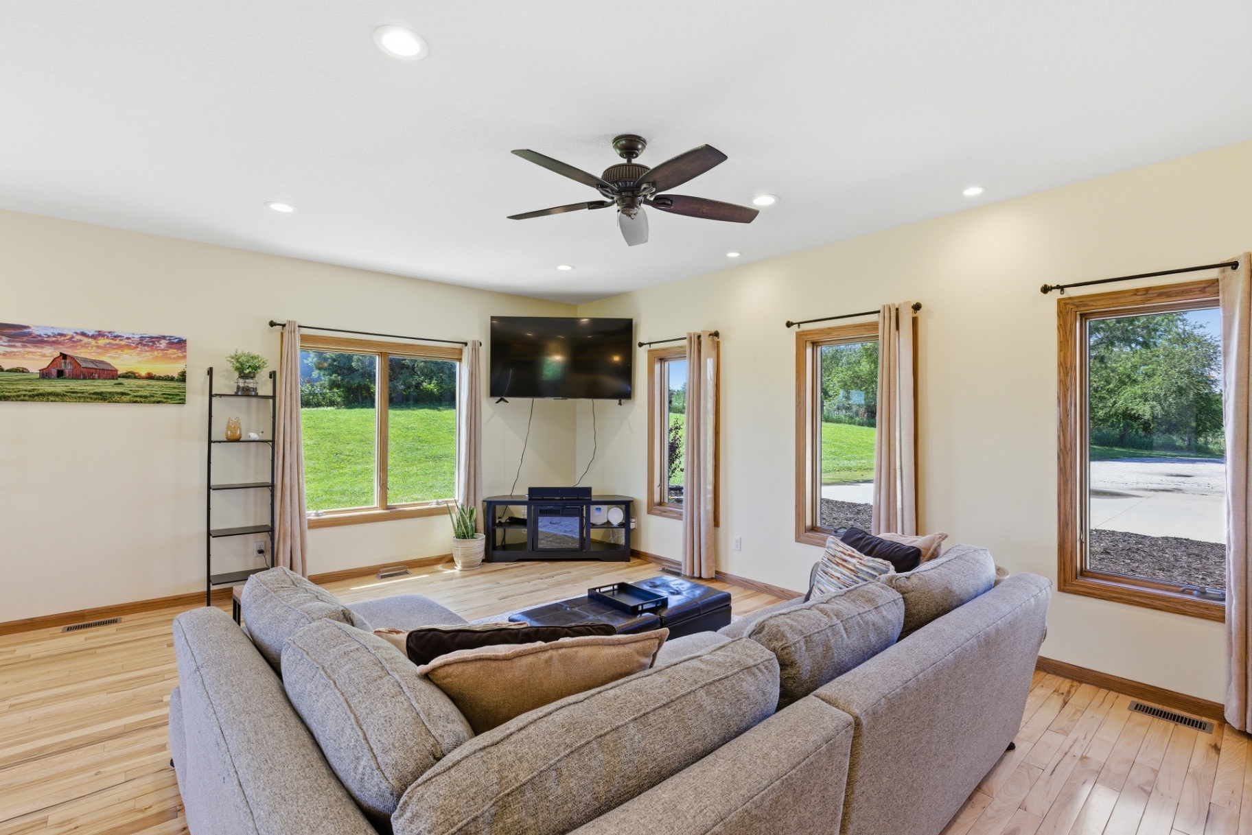 Back view of the living room with corner entertainment area