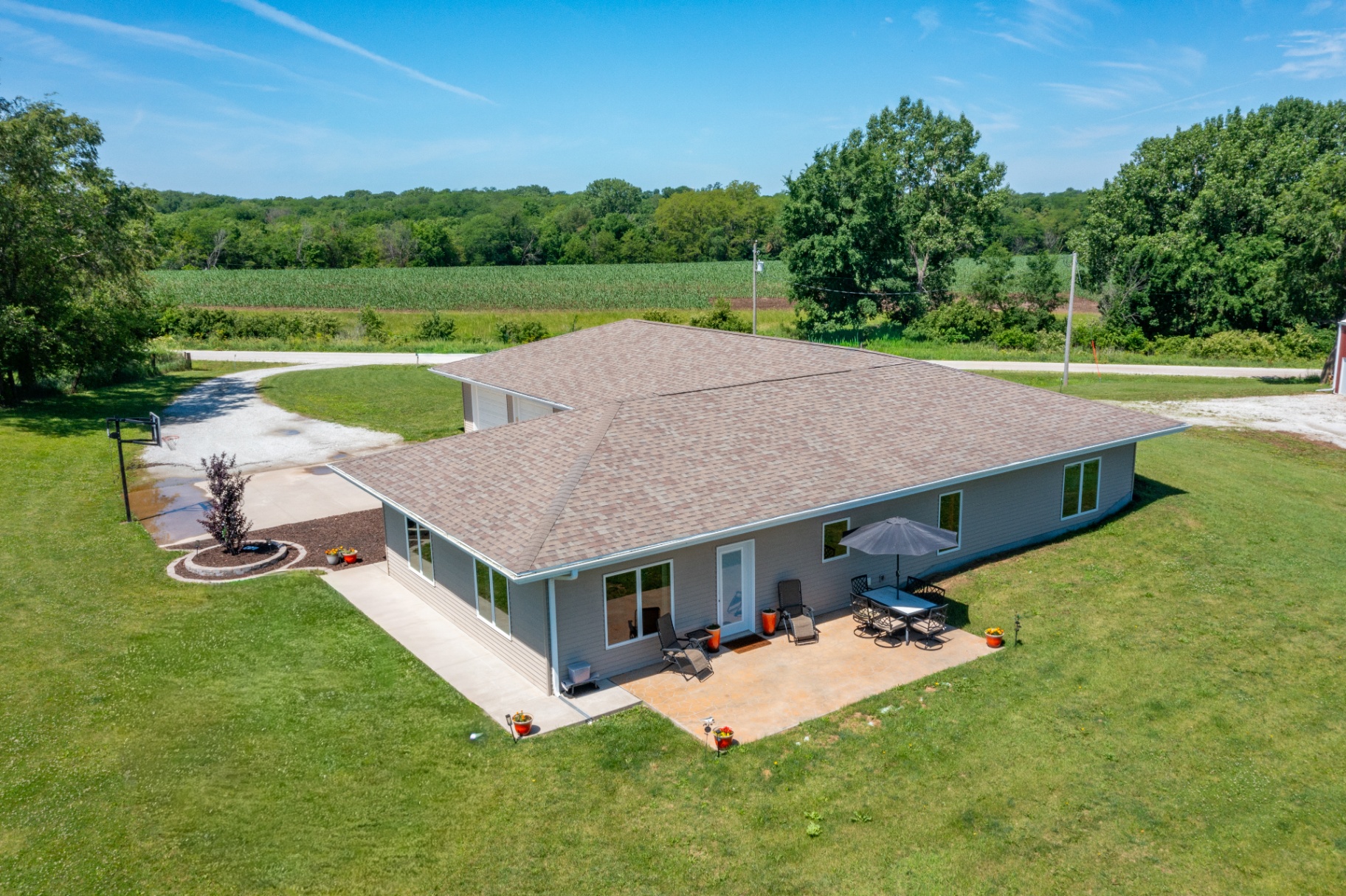 Back patio and corn fields beyond
