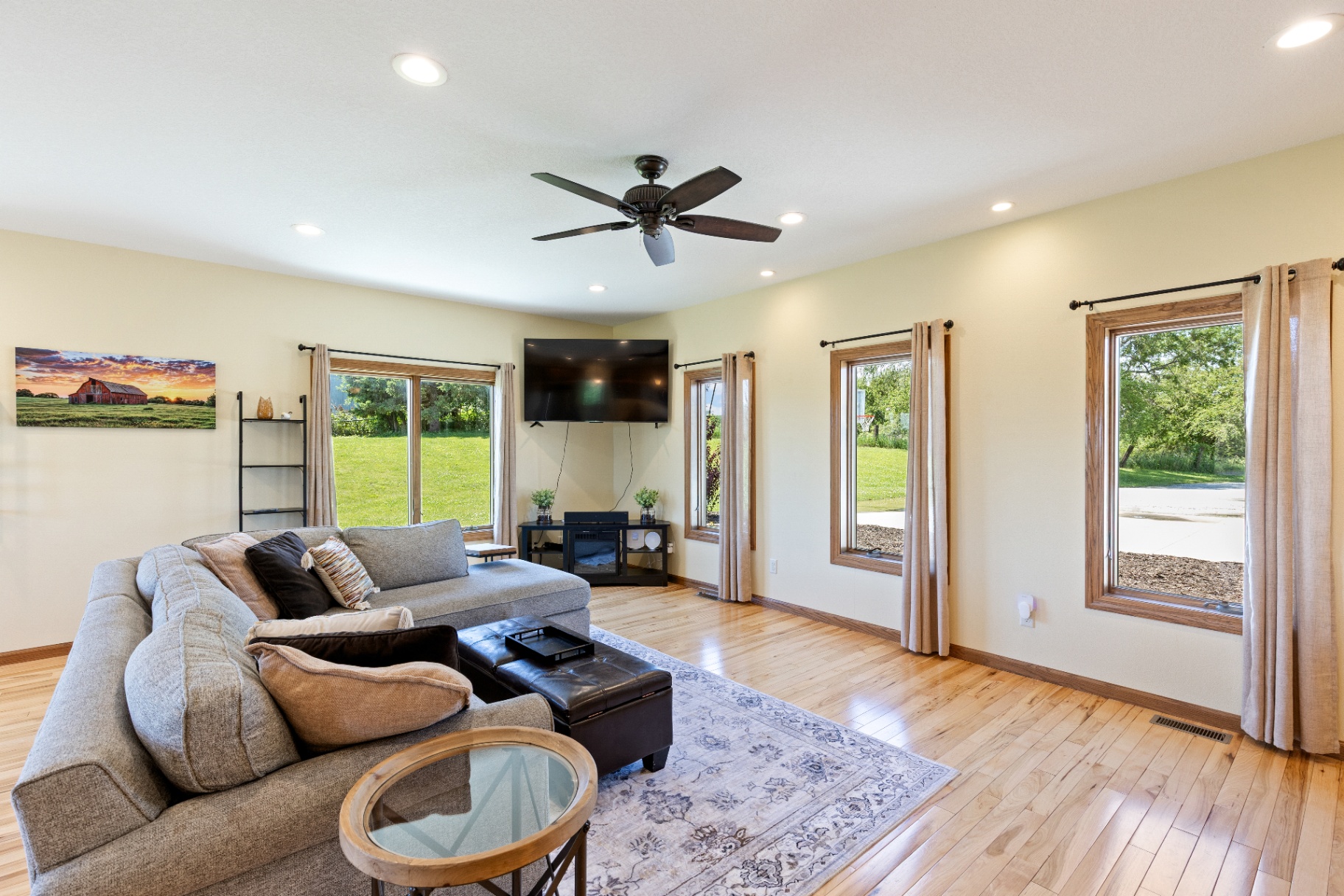Family room with wall of windows